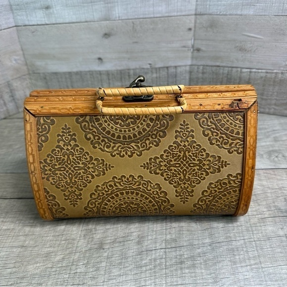 Boho Vintage Brown Wooden Purse Mandala Embossed Print Statement Handbag - Picture 1 of 12